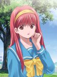  bow fujisaki_shiori hairband red_eyes red_hair redhead school_uniform seifuku smile style_parody tokimeki_memorial tokimeki_memorial_1 tokimeki_memorial_online tokimeki_memorial_only_love tree 