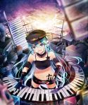  aqua_eyes aqua_hair fingerless_gloves gloves hat hatsune_miku headphones highres instrument keyboard_(instrument) long_hair lulu_season midriff navel project_diva smile solo thighhighs very_long_hair vocaloid 