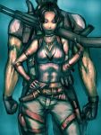  back_to_back breasts capcom chris_redfield cleavage dark_skin gloves gun humio jewelry knife necklace resident_evil resident_evil_5 sheath sheathed sheva_alomar shotgun thigh_strap weapon wink 