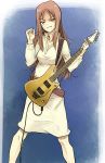  bass_guitar brown_hair dress glasses guitar instrument k-on! long_hair no_legwear otsutama_takashi solo soloist_(guitar) sweater_dress yamanaka_sawako 