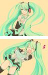  chori_(niisan) closed_eyes green_eyes green_hair hatsune_miku headset long_hair nail_polish necktie panties skirt striped striped_panties thighhighs twintails tyotori underwear very_long_hair vocaloid 