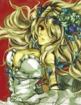  blonde_hair blue_lipstick blue_rose breasts cleavage dress flower frills grimgrimoire large_breasts lipstick long_hair lowres lujei_piche nippon_ichi red_eyes rose soul_cradle soul_nomad 