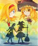  alice_margatroid blonde_hair blue_eyes broom hairband hand_holding hat holding_hands kirisame_marisa multiple_girls pointing shiroaisa silhouette touhou traditional_media watercolor watercolor_(medium) wink witch_hat yellow_eyes 
