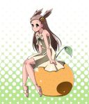  brown_hair dress food fruit green_eyes gym_leader long_hair mikan_(pokemon) nintendo orange pokemon pokemon_(game) pokemon_gsc sandals satsuki_imonet sitting solo 