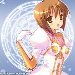  brown_eyes brown_hair company_connection cosplay dress estellise_sidos_heurassein estellise_sidos_heurassein_(cosplay) gloves hagiwara_yukiho idolmaster lowres magic_circle mame-p namco short_hair solo tales_of_(series) tales_of_vesperia 