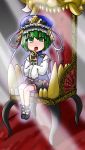  chair green_hair hahashou hat highres long_sleeves open_mouth rod_of_remorse shikieiki_yamaxanadu short_hair sunbeam sunlight teeth throne touhou young 