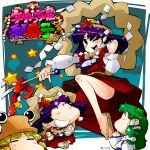  chibi detached_sleeves eyes frog green_hair hair_ornament hairband hat highres kochiya_sanae moriya_suwako purple_eyes purple_hair rope sandals short_hair snake touhou violet_eyes wink yakuta_tetsuya yakutatetsuya yasaka_kanako 