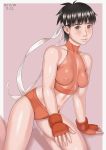  1girl black_hair breasts brown_hair buruma erect_nipples halter_top halterneck headband kasugano_sakura looking_at_viewer midriff navel solo street_fighter zenkou 