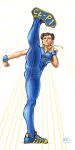  1girl alternate_costume bbc-chan bodysuit bracelet chun-li double_bun fighting_stance hair_bun jewelry leg_up shoes sneakers street_fighter 