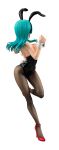  1girl animal_ears back bare_shoulders breasts bulma bunny_tail bunnysuit cleavage detached_collar detached_sleeves dragon_ball female figure full_body high_heels legs long_hair pantyhose photo rabbit_ears simple_background solo tail white_background 