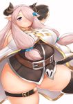  1girl bare_shoulders blue_eyes blush breasts cow_girl cow_horns cropped_legs dress fat female fusa_(starless2323) granblue_fantasy hair_over_one_eye horns huge_breasts lavender_hair long_hair looking_at_viewer narumeia_(granblue_fantasy) no_panties plump pointy_ears short_dress sideboob simple_background skindentation smile solo sword thick_thighs thigh-highs thigh_strap weapon wide_hips 