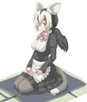  1girl animal_ears apron bangs beckoning black_eyes black_hair bow bowtie closed_mouth collared_shirt extra_ears full_body grey_hair hair_between_eyes hand_rest hane_(kirschbaum) highres kemono_friends lap_pillow_invitation long_hair long_sleeves looking_at_viewer multicolored_hair pantyhose patting_lap pleated_skirt seiza shirt sitting skirt smile solo tail tatami twintails waist_apron white-eared_opossum_(kemono_friends) white_apron 