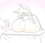  1girl alternate_breast_size animal_ears breast_rest breasts closed_eyes gift gigantic_breasts haruka_(muneneko) huge_breasts large_breasts muneneko sleeping sweater 