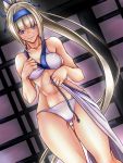  1girl blue_eyes bra frown hairband long_hair majikina_mina panties piyopiyomen ponytail samurai_spirits sliding_doors solo toned underwear underwear_only undressing very_long_hair white_bra white_hair white_panties 