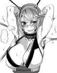  1girl armpits bare_shoulders breasts cleavage hohehohe kantai_collection large_breasts monochrome mutsu_(kantai_collection) simple_background tagme tickling 