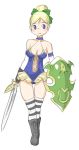  1girl bangs bare_shoulders blonde_hair blue_eyes boots bow breasts cleavage dragon_quest dragon_quest_ix elbow_gloves erect_nipples female full_body gloves hair_bow hair_bun large_breasts leotard looking_to_the_side makochin no_bra roxanne_(dq9) shield simple_background smile solo striped_legwear sword thigh-highs walking weapon white_background 