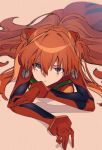  1girl ass bangs blue_eyes bodysuit hair_between_eyes hair_ornament hairpods highres interface_headset long_hair looking_at_viewer lying neon_genesis_evangelion on_stomach parted_lips pilot_suit plugsuit redhead shiny shiny_hair solo souryuu_asuka_langley wwwrkgk 