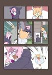  2girls artist_request blonde_hair chase comic dog furry hood hoodie multiple_girls pink_hair pocky running stairs 
