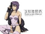  1girl bare_shoulders cyborg female fingerless_gloves ghost_in_the_shell ghost_in_the_shell_stand_alone_complex gloves gun jacket kusanagi_motoko leotard looking_at_viewer official_art purple_hair red_eyes short_hair sitting solo thigh-highs title wallpaper weapon 