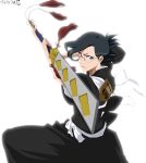  1girl black_hair bleach blue_eyes fighting_stance forehead glasses ise_nanao looking_at_viewer shihakusho shinigami simple_background solo stiky_finkaz sword violet_eyes weapon 