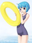  1girl blue_hair flat_chest innertube looking_at_viewer makochin ocean one-piece_swimsuit open_mouth original school_swimsuit short_hair simple_background solo standing swimsuit violet_eyes white_background 