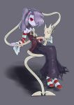  1girl bare_shoulders blue_skin detached_collar detached_sleeves hair_over_one_eye leviathan_(skullgirls) red_eyes side_ponytail skullgirls squigly_(skullgirls) stitched_mouth stitches striped_legwear striped_sleeves thigh-highs zombie 