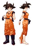  1girl barefoot belt boots dougi dragon_ball dragonball_z feet female genderswap solo son_gokuu surprised 