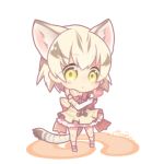  1girl animal_ears bare_shoulders blonde_hair blush bow bowtie cat_ears cat_tail chibi dot_nose elbow_gloves expressionless eyebrows_visible_through_hair frilled_skirt frills full_body gloves heart japari_symbol kemono_friends kneehighs looking_at_viewer lowres maora_oto multicolored_hair own_hands_together ribbon sand_cat_(kemono_friends) shirt shoe_ribbon short_hair signature simple_background skirt sleeveless sleeveless_shirt solo standing streaked_hair striped_tail tail tareme white_background white_footwear white_shirt yellow_eyes 