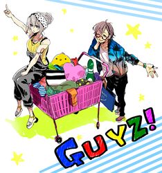  1boy 1girl alternate_costume aoi_toori brown_hair glasses hjm horizon_ariadust kyoukaisenjou_no_horizon silver_hair white_background 