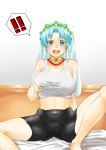  1girl blue_eyes blue_hair braid breast_grab breasts choker cleavage dress grabbing grune_(tales) jewelry midriff navel necklace open_mouth short_hair shorts tales_of_(series) tales_of_legendia veil 