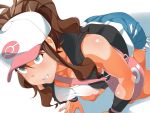  1girl bag baseball_cap blue_eyes breasts brown_hair denim denim_shorts female hat high_ponytail ko1444 large_breasts pokemon ponytail shirt short_shorts shorts sleeveless smile solo tank_top touko_(pokemon) vest white_shirt wristband 