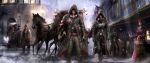  3girls 5boys animal assassin&#039;s_creed assassin&#039;s_creed_(series) belt brother_and_sister cane cape evie_frye flag food hood horse jacob_frye multiple_boys multiple_girls rain siblings sky standing weapon 