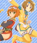  2girls blue_background blush boots breasts brown_hair cleavage_cutout dress fingerless_gloves gloves goggles green_eyes grin hair_ornament jacket josephine-843 multiple_girls norma_beatty open_mouth orange_hair rita_mordio short_hair smile tales_of_(series) tales_of_legendia tales_of_vesperia thigh-highs thigh_boots violet_eyes 
