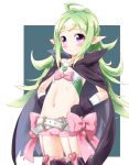  1girl belt blush cape fire_emblem flat_chest green_hair long_hair midriff nowi_(fire_emblem) pointy_ears shorts smile solo thigh_boots violet_eyes 