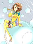  1girl between_breasts boots breasts brown_eyes brown_hair bubble cleavage cleavage_cutout dress hair_ornament norma_beatty short_hair tales_of_(series) tales_of_legendia thigh_boots 