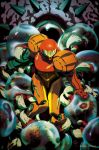  1girl alien arm_cannon fang jeffrey_cruz looking_at_viewer metroid metroid_(creature) monster mother_brain nintendo power_armor samus_aran single_eye spikes varia_suit weapon 