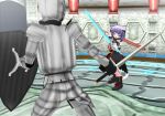  1boy 1girl 3d 3d_custom_girl armor artist_request blue_eyes cat fight furry open_mouth purple_hair sword 