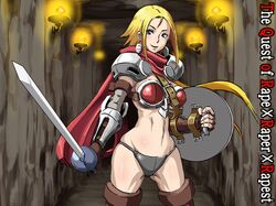  1girl armor bikini_armor blonde_hair blue_eyes breasts butcha-u cape copyright_name earrings female jewelry julia_(yokubou_kaiki) large_breasts long_hair looking_at_viewer shield solo sword thigh_boots very_long_hair warrior weapon yokubou_kaiki_dai_244_shou 