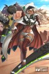  1girl blonde_hair cape dark-skinned_female dark_skin dual_wielding guilty_gear guilty_gear_strive hat holding hybridmink military_hat outdoors ramlethal_valentine running weapon 