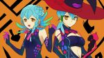  2girls artist_request blue_hair breasts cardfight!!_vanguard charlene_chen cosplay gillian_chen hat large_breasts mesmerizing_witch_fianna mesmerizing_witch_fianna_(cosplay) multiple_girls sharlene_chen witch witch_hat witch_of_reality_femme witch_of_reality_femme_(cosplay) 