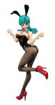  1girl animal_ears ass bare_shoulders breasts bulma bunny_tail bunnysuit cleavage detached_collar detached_sleeves dragon_ball female figure full_body high_heels legs long_hair pantyhose photo rabbit_ears simple_background smile solo tail white_background 