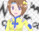  1girl breasts brown_hair cleavage_cutout dress hair_ornament norma_beatty open_mouth short_hair tales_of_(series) tales_of_legendia violet_eyes 