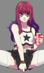  1girl bare_shoulders belt black_skirt bracelet brown_eyes can collarbone eyelashes grey_background holding jewelry legwear lips long_hair looking_at_viewer multicolored_hair presenting simple_background skirt skirt_tug soda solo spread_legs star star_print thigh-highs white_legwear 