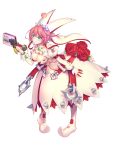  1girl ahoge animal_ears aqua_eyes arc_system_works blush bouquet breasts bridal_veil cleavage clover dress elphelt_valentine female flower four-leaf_clover frown gloves guilty_gear guilty_gear_xrd gun large_breasts leaning leaning_forward long_sleeves pink_hair rabbit_ears red_rose ribbon rose shiny shiny_hair shiny_skin short_hair solo veil weapon wedding_dress white_dress 