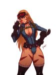  1girl alternate_costume alternate_hairstyle blonde_hair breasts cammy_white cleavage goggles goggles_on_head harness highleg highleg_leotard leotard liyart long_hair solo street_fighter street_fighter_v tattoo thigh-highs unzipped utility_belt zipper 