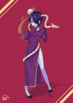  1girl blue_skin chinese_clothes hair_over_one_eye leviathan_(skullgirls) red_eyes shoes skullgirls squigly_(skullgirls) stitched_mouth stitches zombie 