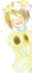  1girl blush breasts brown_hair closed_eyes dress flower hair_ornament norma_beatty open_mouth short_hair sunflower tales_of_(series) tales_of_legendia 