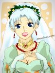  1girl aqua_hair blue_eyes bracelet braid breasts choker cleavage dress earrings grune_(tales) jewelry lipstick makeup necklace open_mouth short_hair tales_of_(series) tales_of_legendia veil 