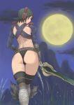  1girl ass back brown_eyes brown_hair cap character_request from_behind full_moon grass looking_at_viewer looking_back makochin monster_hunter moon night night_sky outdoors revealing_clothes short_hair sky solo sword thigh-highs weapon 