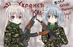  2girls ak-47 aks-74u assault_rifle beret blonde_hair camouflage eila_ilmatar_juutilainen english gloves green_eyes gun hammer_and_sickle hat long_hair military military_uniform multiple_girls patch rifle rozenberg sanya_v_litvyak serbia short_hair strike_witches trigger_discipline uniform violet_eyes weapon 